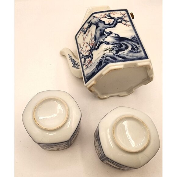 VTG Asian Dolphin China Teapot and Cups Set, Dynasty Blue & White Brass Handle - Picture 15 of 15